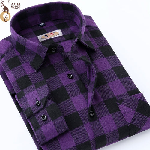 AOLIWEN2019 New Fashion blouse shirt Men's shirt brand men And Purple Plaid Printing Loose For Male Long Shirt Clothes SizeM-5Xl